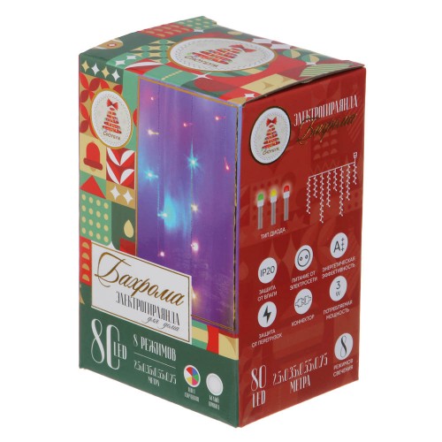 Гирлянда электр. бахрома 2,5x0,35х0,55х0,75 м, 80LED. мульти MIX 8 реж, 220В СНОУ БУМ